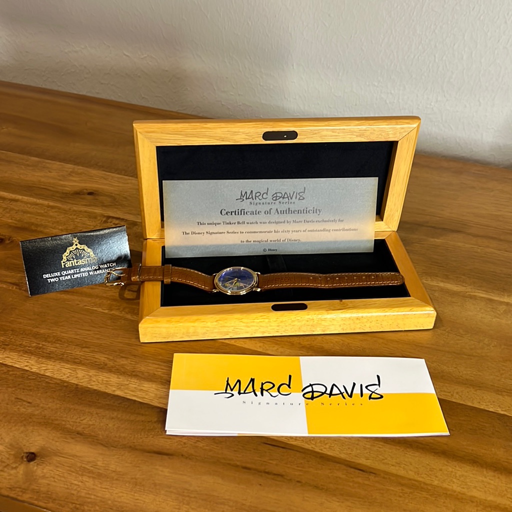 Tinker Bell Watch, Disney Signature Series. Artist Marc Davis Signed Wood Box.